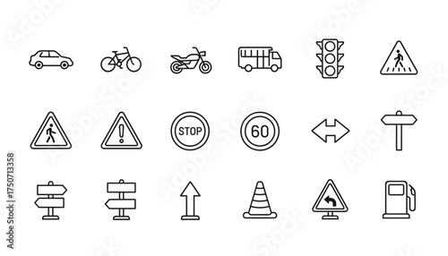 Traffic and transportation thin line icon set. Road safety signs and vehicle symbols collection. Vector outline of car, bus, stop sign, traffic light, speed limit, and pedestrian.