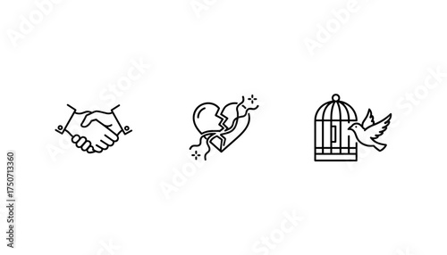 Power of forgiveness vector icon set. Healing broken heart, handshake reconciliation, and bird flying from cage for freedom. Mental health, psychology concept. Emotional release.