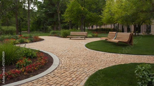 Fototapeta Naklejka Na Ścianę i Meble -  Curved stone pathway with wooden benches in a park