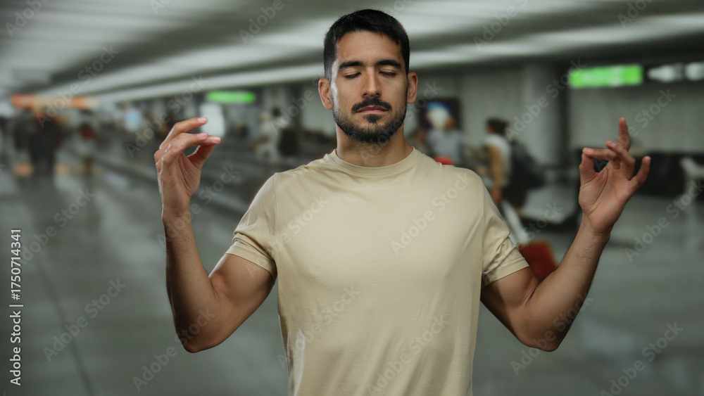 Naklejka premium Young man in airport terminal meditating with closed eyes and relaxed posture, surrounded by blurred travelers, highlighting calmness in a busy environment.