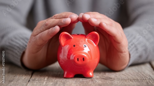 A person gently places their hands around a bright red piggy bank on a wooden table symbolizing careful management of savings and financial responsibility.