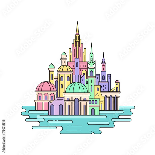 pastel cityscape illustration colorful buildings rising from water vibrant architecture ideal for travel blogs showcasing urban beauty and serene destinations.