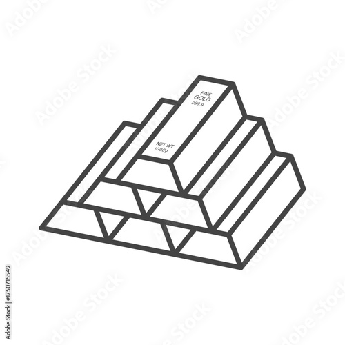 Six 1000-gram gold bars with 999.9 purity vector icon.