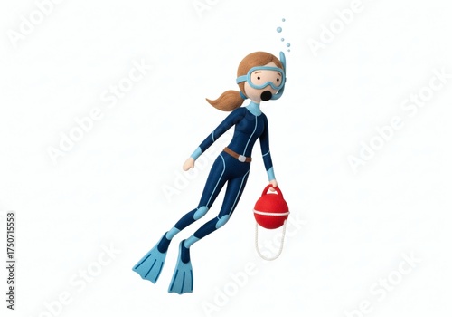Felted figure of a female diver in a wetsuit holding a buoy on a white background