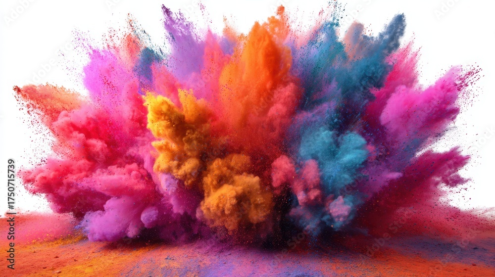 Fototapeta premium A cloud of colorful powder erupts in the air filling the scene with vibrant pinks oranges purple and turquoise during a lively outdoor festival on a sunny day. People celebrate joyfully.