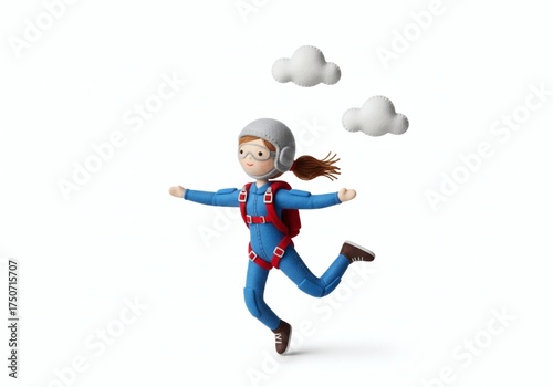 Felted figure of a female skydiver with a parachute pack and clouds on a white background