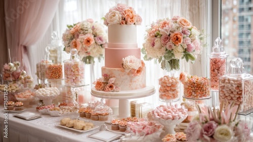 Wallpaper Mural A beautifully designed dessert table features a large pink and white cake surrounded by decorative flowers cupcakes and various candies. This setting is perfect for a joyful celebration. Torontodigital.ca