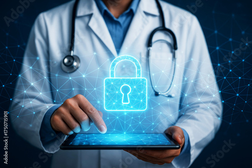 Doctor Holding Tablet with Digital Padlock and Network Overlay for Medical Security healthcare