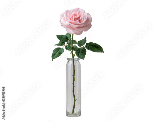 Fototapeta Naklejka Na Ścianę i Meble -  Single pink rose flower in narrow glass vase, isolated on transparency background. romantic, minimal, and delicate flora arrangement expressing gentle love and elegance