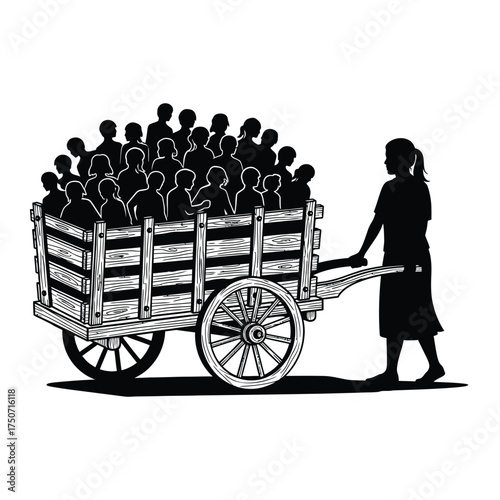 Silhouette illustration of a woman pulling a wooden cart filled with many people in black and white