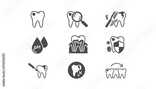 Dental caries and treatment glyph icon set. Vector collection of stomatology symbols like tooth decay, cleaning, protection, extraction, check-up, and dental hygiene concepts.
