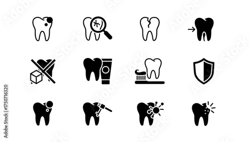 Caries and tooth decay glyph icon vector set. Dental problems like cavity, cracked tooth, and toothache. Oral hygiene, prevention, and treatment concepts. Dentistry symbols.
