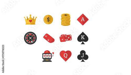 Vector casino icon set. Gambling game flat icons. Roulette, poker card suits, dice, slot machine jackpot, dollar coins. Bet, win, luck concept. Las Vegas entertainment symbols.