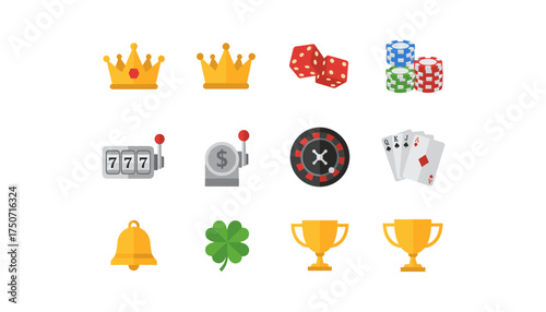 Vector flat icon set for casino and gambling. Gaming symbols collection: roulette, poker cards, slot machine, jackpot 777, dice, chips, crown, clover for luck and trophy.