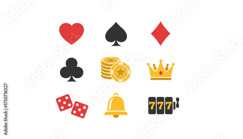 Casino game gambling vector icon set. Flat graphic design elements. Slot machine 777 jackpot, poker card suits, dice, gold chips, royal crown and bell symbols illustration.