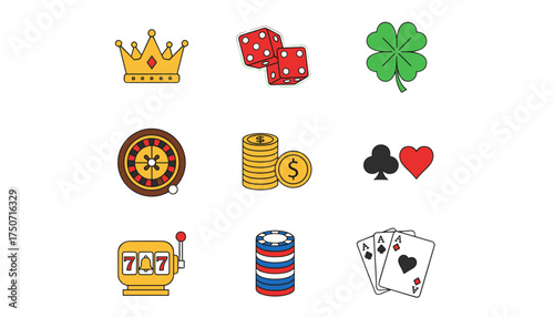 Casino icon set vector illustration. Gambling and gaming symbols. Crown, dice, four-leaf clover, roulette wheel, money coins, card suits, slot machine, poker chips, aces.