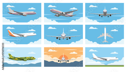 Airplane vector set illustration. Commercial jet and cargo aircraft collection. Airliner flying, take off, landing. Aviation transport concept. Front, side, top view. Military plane.