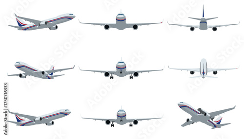Passenger airplane vector set. Commercial jet aircraft in different views. Front, side, back, top, and perspective angles. Flying, landing, takeoff positions. Aviation transport illustration.