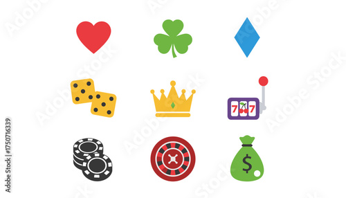 Casino and gambling colorful flat vector icon set. Includes poker card suits, dice, slot machine jackpot, roulette wheel, betting chips, money bag. Game of luck symbols.