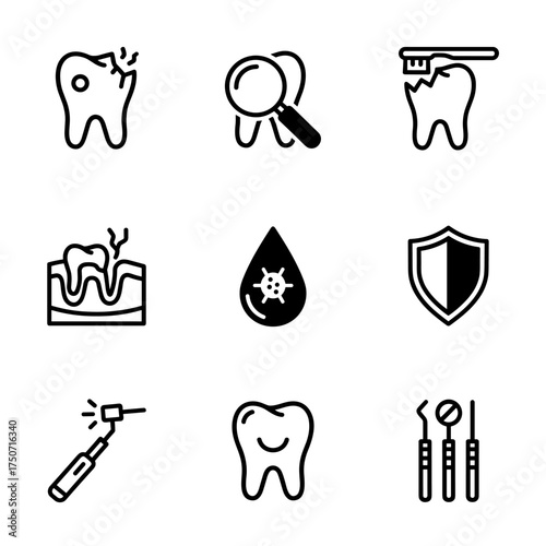 Dental care vector icon set. Caries, tooth decay, and gum disease concepts. Dentistry, oral hygiene, and stomatology glyph icons for web and mobile. Treatment and prevention.