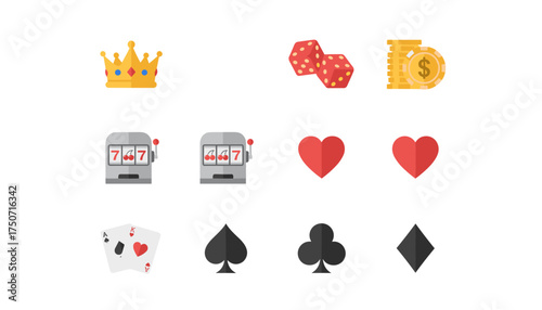 Casino and gambling vector icon set. Flat design graphic elements for gaming. Slot machine, poker cards, dice, jackpot, chips and crown. Bet and win symbols collection.