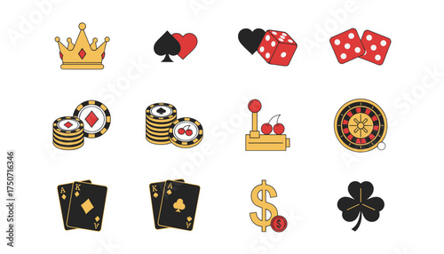 Casino and gambling line icon set. Vector collection of gamble symbols. Poker chips, playing cards, dice, roulette wheel, slot machine jackpot, crown, lucky clover, money.