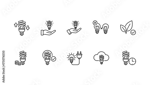Energy saving concepts line icon set. CFL light bulb vector collection. Eco friendly, money saving, and efficiency symbols. Sustainable electricity and green power pictograms.