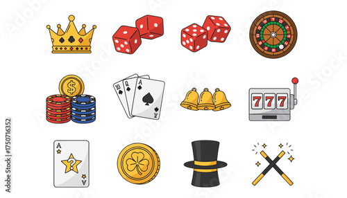 Casino and gambling vector icon set. Collection of game elements like roulette, dice, poker cards, and slot machine 777 jackpot. Magic, luck, and entertainment concepts.