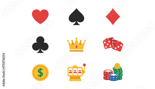 Casino and gambling vector icon set. Flat design elements of poker card suits, dice, slot machine, chips, and money coin. Symbols of luck, chance, and gaming for web or app.