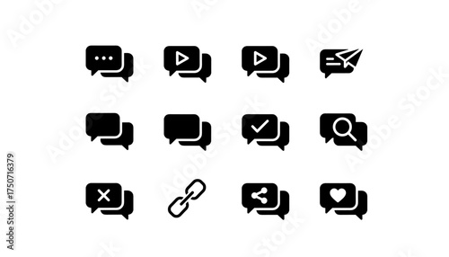 Chat message solid glyph icon set for web and mobile app interface. Vector symbols for communication, dialogue, and social media. Includes send, video, search, like, and share.