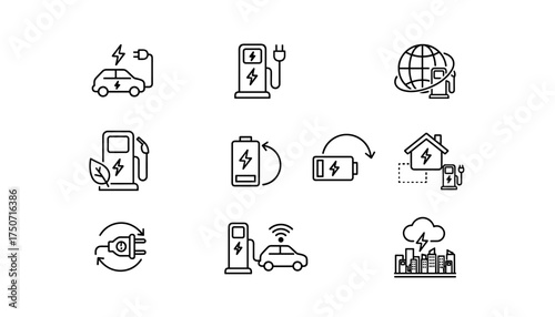 Electric car charging icon set. Vector line pictograms of EV charger station, battery power, and sustainable transport. Green energy, home and public smart charging points.