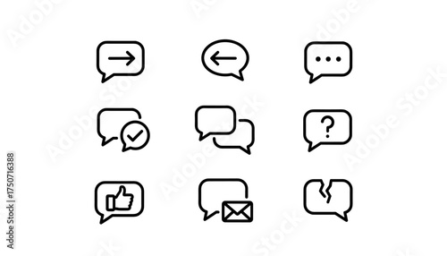 Chat message bubble line icon set. Communication glyph collection. Vector signs for UI, UX. Send, receive, typing, dialogue, question, like, email, failed message concepts.