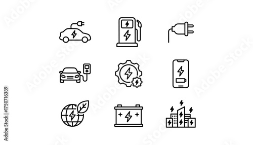 Vector icon set for electric car charging station. EV charger, battery power, plug and socket symbols. Green energy, eco friendly transport and e-mobility technology concept.