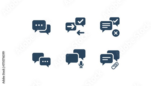 Chat message vector icon set. Communication glyph symbols for web and mobile UI. Speech bubble, dialogue, conversation, typing indicator, voice message, file attachment concept.