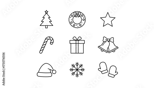 Christmas icon set vector collection. Holiday winter symbols in simple thin line style. Xmas design elements. Tree, wreath, star, candy cane, gift, bell, santa hat, snowflake.