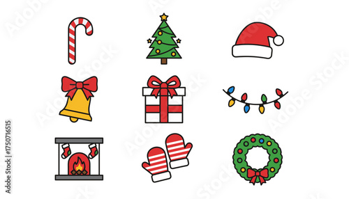 Christmas icon vector set. Holiday design elements. Candy cane, Xmas tree, Santa hat, jingle bell, gift box, lights, fireplace, mittens, wreath. Festive winter illustration.