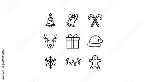 Christmas icon set vector line art. Xmas holiday outline symbols collection. Winter celebration pack. Tree, bell, candy cane, reindeer, gift, Santa hat, snowflake, gingerbread.