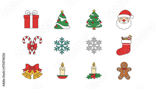 Christmas vector icons set. Festive holiday clipart with Christmas tree, Santa Claus, gift box, candy cane, bells, stocking, snowflake, candle, holly, gingerbread man. Colorful seasonal symbols.
