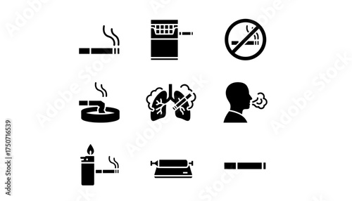 Smoking glyph icon set. Cigarette, tobacco, smoke, lighter and pack. No smoking sign. Unhealthy habit and addiction concept. Lung cancer health risk. Ashtray, quit smoking.