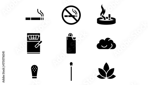 Smoking and tobacco vector icon set. Cigarette, lighter, ashtray, and no smoking sign. Black glyph silhouette symbols for nicotine addiction, unhealthy habit, and related items.