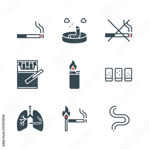 Smoking icon set. Cigarette, tobacco, lighter, pack, and ashtray symbols. No smoking sign for prohibition. Lungs illustrate health damage, cancer risk. Nicotine addiction.