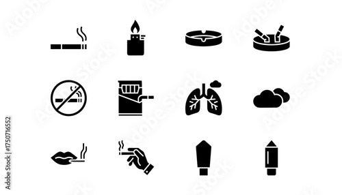 Smoking cigarette solid glyph icon set. Tobacco addiction, nicotine habit, unhealthy lifestyle concepts. Lung cancer risk, quit smoking symbols. No smoking sign, lighter, ashtray.