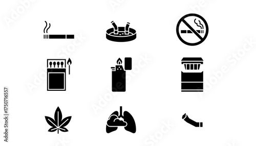 Vector icon pack smoking and tobacco. Cigarette, lighter, matches, ashtray, no smoking, cannabis, lung disease. Addiction, health risk, bad habit glyph symbol collection.