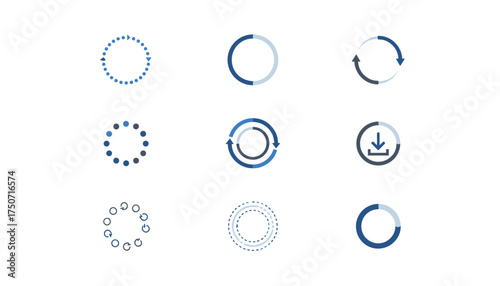 Set of 9 circular loading and buffering icons vector. Modern blue round progress indicators, timer, waiting symbols, data processing, and download signs for UI design.