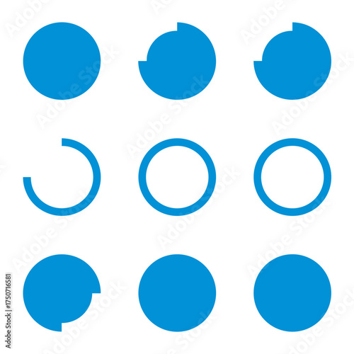 Vector set of circular loading and buffering icons. Progress bar, spinner, and preloader elements for UI UX design. Circle animation sequence for website and application interface.