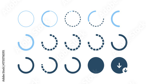 Vector icon set of circular loading and buffering animations. Progress bar preloader sequence. Download, upload status spinner for user interface. UI, UX elements design.
