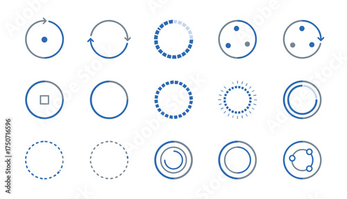 Vector set of circular loading and buffering icons. Progress bar and preloader elements for UI and UX design. Includes spinner, refresh, and synchronization symbols. Wait indicator animation.
