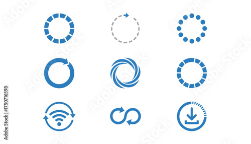 Circular loading buffering icon set. Vector illustration of progress indicators, spinners, refresh, download, update, and sync symbols for web design UI and UX elements.