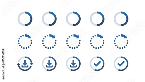 Vector set of circular loading and buffering icons. Progress bar, spinner, download, update, and complete status symbols for UI and UX design. Web interface element collection.