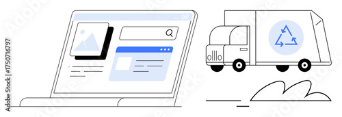 Laptop screen displaying eco-shipping website alongside recycling truck with eco-friendly icon. Ideal for sustainability, eco-commerce, recycling programs, waste management, green logistics, digital